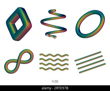 3D realistic render geometric figures. Matte green design elements. Colorful vector decorative shapes. Spiral, wavy lines, ring, torus, infinity symbo Stock Vector