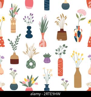 Interior flower vases seamless pattern with floral bouquets, spring plants and dried herbs. Vector scandinavian ceramic vases, glass jars and bottles with abstract ornament, modern pottery backdrop Stock Vector
