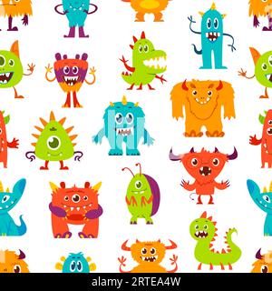 Cartoon funny monster characters seamless pattern. Halloween background of vector aliens, cute animals and insects. Color fluffy monster, happy beast, little bacteria and virus personages backdrop Stock Vector
