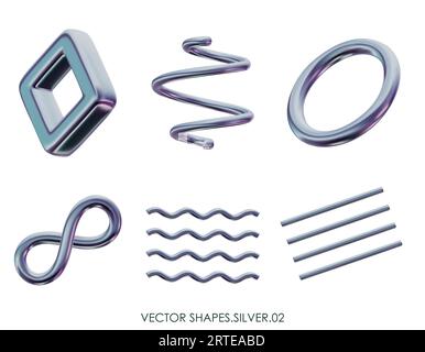 3D realistic render silver figures. Grey, platinum metallic design objects. Vector decorative geometric shapes. Spiral, wavy lines, ring, torus, infin Stock Vector