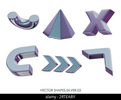 3D realistic render silver figures. Grey, platinum metallic design objects. Vector decorative geometric shapes. Pyramid, Arrows, Cross, Half of torus. Stock Vector