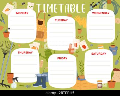 Timetable schedule, farm and gardening tools, vector education lessons plan. Kids school timetable schedule with farmer equipment, spade and rake, seeds box or watering can and gardening items Stock Vector