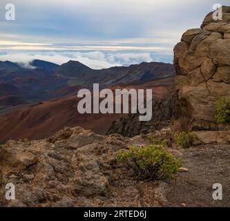 Stunning view of the slopes and mountain peaks of the Haleakala Crater from above the clouds in early morning light Stock Photo