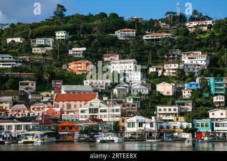 Colorful houses on the mountainside in the port city capital of St Georges looking out at the waterfront on the Island of Grenada Stock Photo