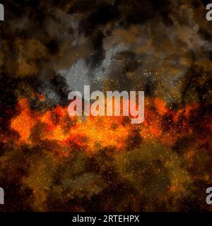 Fire embers particles over black background. Fire sparks background. Abstract dark glitter fire particles lights. bonfire in motion blur. Stock Photo