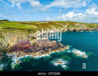 St. Non’s Cliffs and Bay from a drone, St Davids, Haverfordwest, Wales, England Stock Photo