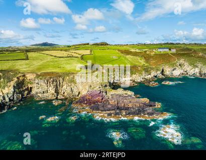 St. Non’s Cliffs and Bay from a drone, St Davids, Haverfordwest, Wales, England Stock Photo