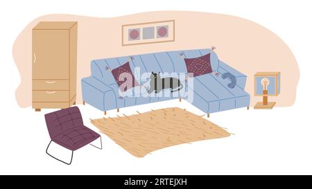 Stylish living room interior with trendy furniture. Cozy living room with a cat on the couch. Vector flat illustration. Stock Vector