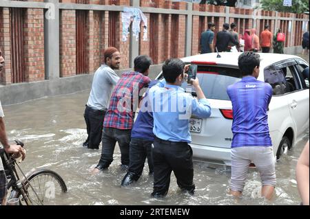 After continuous rain for 1 hour, water freezes in Jigatola & people's travel became very difficult. Dhaka, Bangladesh. 11th Sep, 2023. (Photo by Md. Saiful Amin/Pacific Press/Sipa USA) Credit: Sipa USA/Alamy Live News Stock Photo