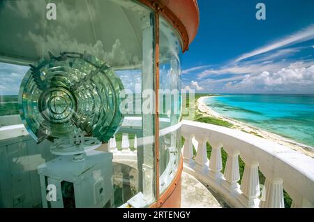 Lens in the lighthouse tower at south end of Cozumel; Parque Punta Sur, Cozumel, Mexico Stock Photo