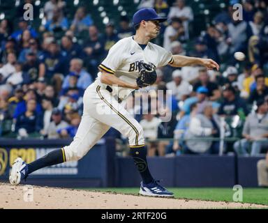 Hoby Milner of the Milwaukee Brewers throws during a baseball game