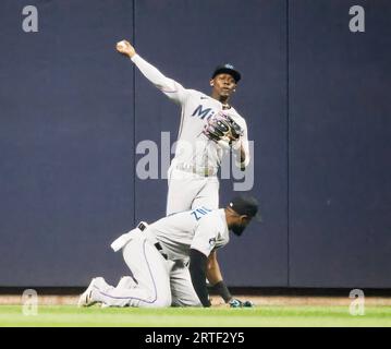 Milwaukee, United States. 12th Sep, 2023. Miami Marlins left fielder Bryan De La Cruz (front) ducks as Miami Marlins center fielder Jazz Chisholm Jr. (Rear) throws the ball after Milwaukee Brewers third baseman Andruw Monasterio hit a double in the seventh inning of their baseball game at American Family Field in Milwaukee, Wisconsin, on Tuesday, September 12, 2023. Photo by Tannen Maury/UPI Credit: UPI/Alamy Live News Stock Photo