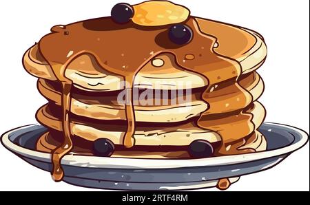 Stack of pancakes with syrup and berries. Stock Vector