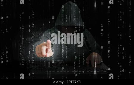 A hacker behind binary code, stream of data, able to break through cyber security and reaches his hand out to control your personal identity Stock Photo