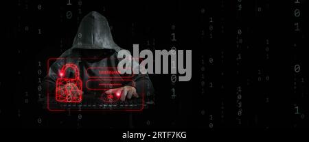 A hacker behind binary code, a stream of data, unlocks cyber security by hacking your username and password Stock Photo