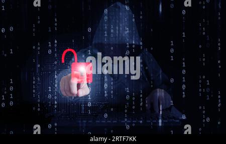 A hacker behind binary code, a stream of data, is able to break through it and unlocks cyber security. Cybercrime concept Stock Photo
