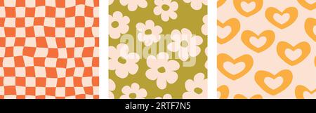 Groovy seamless background set. Repeating retro hearts, daisies and checkered pattern collection. Vintage psychedelic checkerboard wallpapers. Distorted orange green backdrop in 60s, 70s style. Vector Stock Vector