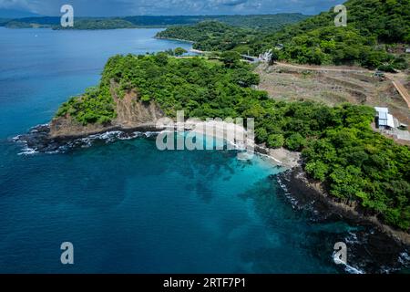 Beautiful aerial view of Playas del Coco, Hermosa Beach and its green mountains, bay and yachts in Costa Rica Stock Photo