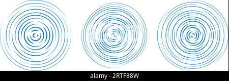 Blue concentric circle segments set. Rippled round patten background. Water or sound wave rings collection. Epicenter, target, radar icon concept. Radial signal or vibration elements. Vector Stock Vector