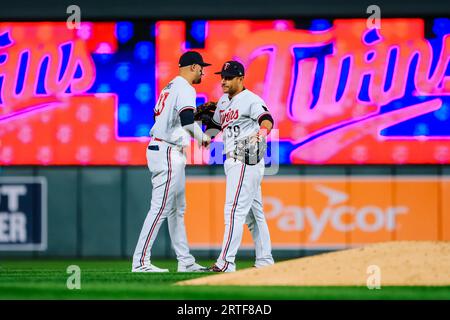 Minnesota Twins' Donovan Solano (39) celebrates after hitting a double  during the first inning a baseball game against the Los Angeles Dodgers in  Los Angeles, Tuesday, May 16, 2023. (AP Photo/Ashley Landis