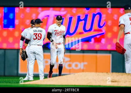 Minnesota Twins' Donovan Solano (39) celebrates after hitting a double  during the first inning a baseball game against the Los Angeles Dodgers in  Los Angeles, Tuesday, May 16, 2023. (AP Photo/Ashley Landis