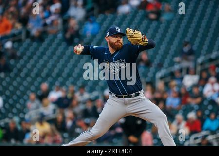 Minneapolis, Minnesota, USA. 12th Sep, 2023. Tampa Bay Rays Starting Pitcher Zack Littell (52) throws in the first inning during the Tampa Bay Rays vs. the Minnesota Twins at Target Field on September 12th, 2023. (Credit Image: © Steven Garcia/ZUMA Press Wire) EDITORIAL USAGE ONLY! Not for Commercial USAGE! Stock Photo