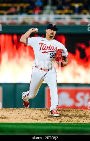 ARLINGTON, TX - JULY 09: Minnesota Twins relief pitcher Jhoan Duran (59)  pitches in the game between the Texas Rangers and the Minnesota Twins on  July 9, 2022 at Globe Life Field