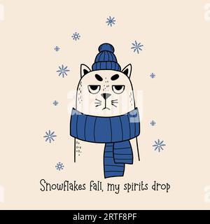 Funny cool postcard. Sad winter cat character in knitted scarf and hat. Vector illustration. hand drawing doodle. New Year and Christmas design, holid Stock Vector