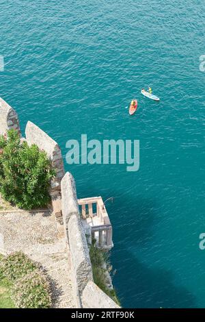 View from the tower of the Scaliger Castle, Castello Scaligero in Malcesine in Italy to Lake Garda below Stock Photo