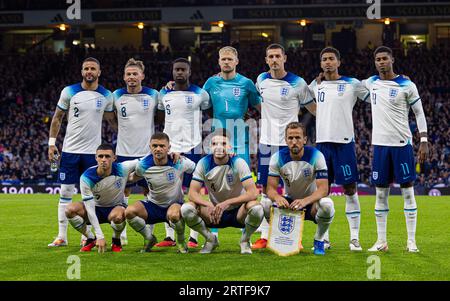 Glasgow. 13th Sep, 2023. England's players line up for a team group photo before a friendly match between Scotland and England in Glasgow, Britain, on Sept. 12, 2023. Credit: Xinhua/Alamy Live News Stock Photo