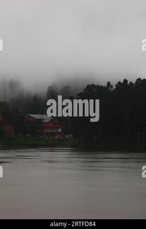 cloudy and misty mirik hill station, mirik lake and pine forest in rainy season, monsoon rainfall on himalayan foothills, darjeeling in india Stock Photo