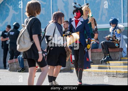 geek community of amazing cosplayers party on a sunny day Stock Photo