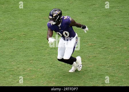 Baltimore Ravens linebacker David Ojabo looks on during the second half of  an NFL football game between the Baltimore Ravens and the Houston Texans,  Sunday, Sept. 10, 2023, in Baltimore. The Ravens