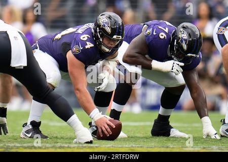 Baltimore Ravens center Tyler Linderbaum (64) looks on during pre