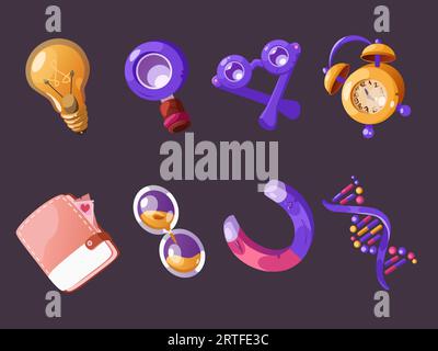 School science vector icon with magnet and dna object set. Biology supplies symbol cartoon. Physics experiment and research with isolated clock, textbook, bulb and glasses. Idea concept png clipart Stock Vector