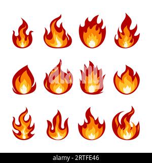 Fire flames cartoon set isolate on white. Vector bonfire of different shapes Stock Vector