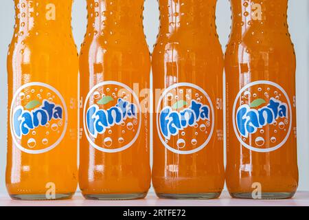 10 September 2023 - Calgary Alberta Canada - Bottels of Nigerian Fanta Stock Photo