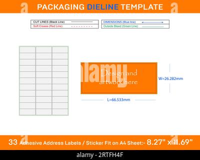 33 Adhesive Address Labels Die line Template 66.533 x 26.282mm Stock Vector