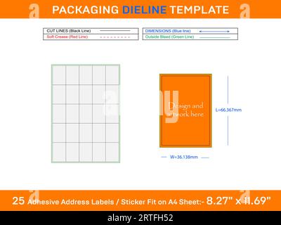 25 Adhesive Address Labels Die line Template 66.367 x 36.138mm Stock Vector