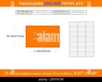 21 Adhesive Address Labels Die line Template 65.653 x 40.917mm Stock Vector