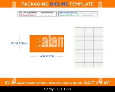 27 Adhesive Address Labels Die line Template 66.533 x 32.122mm Stock Vector