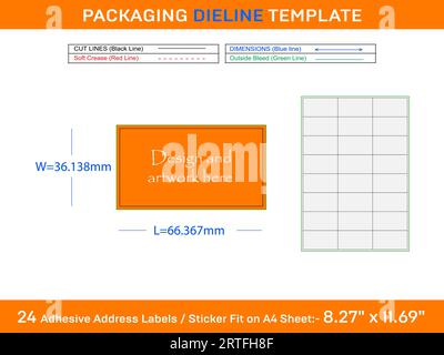 24 Adhesive Address Labels Die line Template 66.367 x 36.138mm Stock Vector