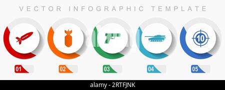 War icon set, miscellaneous icons such as missle, bomb, gun, tank and target, flat design vector infographic template, web buttons in 5 color options Stock Vector