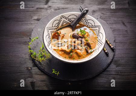 Homemade miso mushroom soup with coconut milk, with assorted edible mushrooms Stock Photo