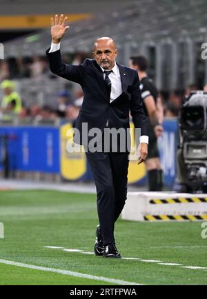 Milan, Italy. 12th Sep, 2023. Italy's head coach Luciano Spalletti gestures during the UEFA European Championship 2024 Qualifying group round match between Italy and Ukraine in Milan, Italy, Sept. 12, 2023. Credit: Alberto Lingria/Xinhua/Alamy Live News Stock Photo