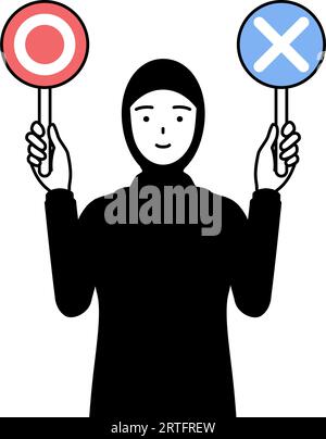 Muslim Woman holding a placard indicating correct and incorrect answers, Vector Illustration Stock Vector