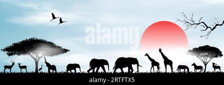 Silhouettes of wild animals against the backdrop of the rising sun and blue sky with clouds. Stock Vector