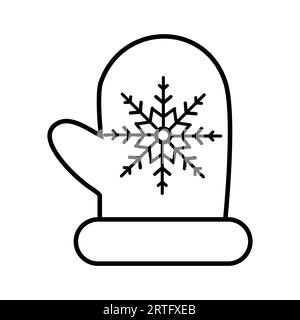 Black and white small simple linear icon of a beautiful festive New Year Christmas mittens with snowflake on a white background. Vector illustration. Stock Vector