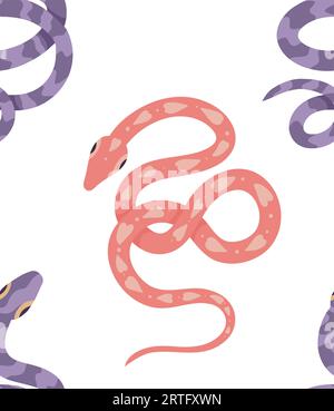 Seamless vector pattern with purple and pink snakes. Cartoon texture with pythons on white background. Surface design with serpents for fabrics Stock Vector