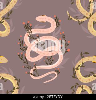 Vector seamless pattern with snakes and herbs. Animalistic texture with pink and yellow serpents, stems and foliage on a beige background for wrapping Stock Vector